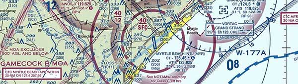 The Class C airspace for KMYR (Myrtle Beach International Airport) is contained within the solid magenta lines. The altitudes covered by the airspace are depicted in the same fashion as that for Class B airspace.