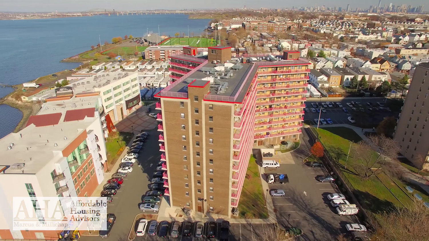 Aerial drone still of the Bayonne, NJ apartment complex featured in our video work