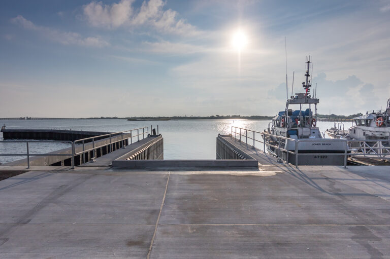 Marine construction pier and vessel seen from above