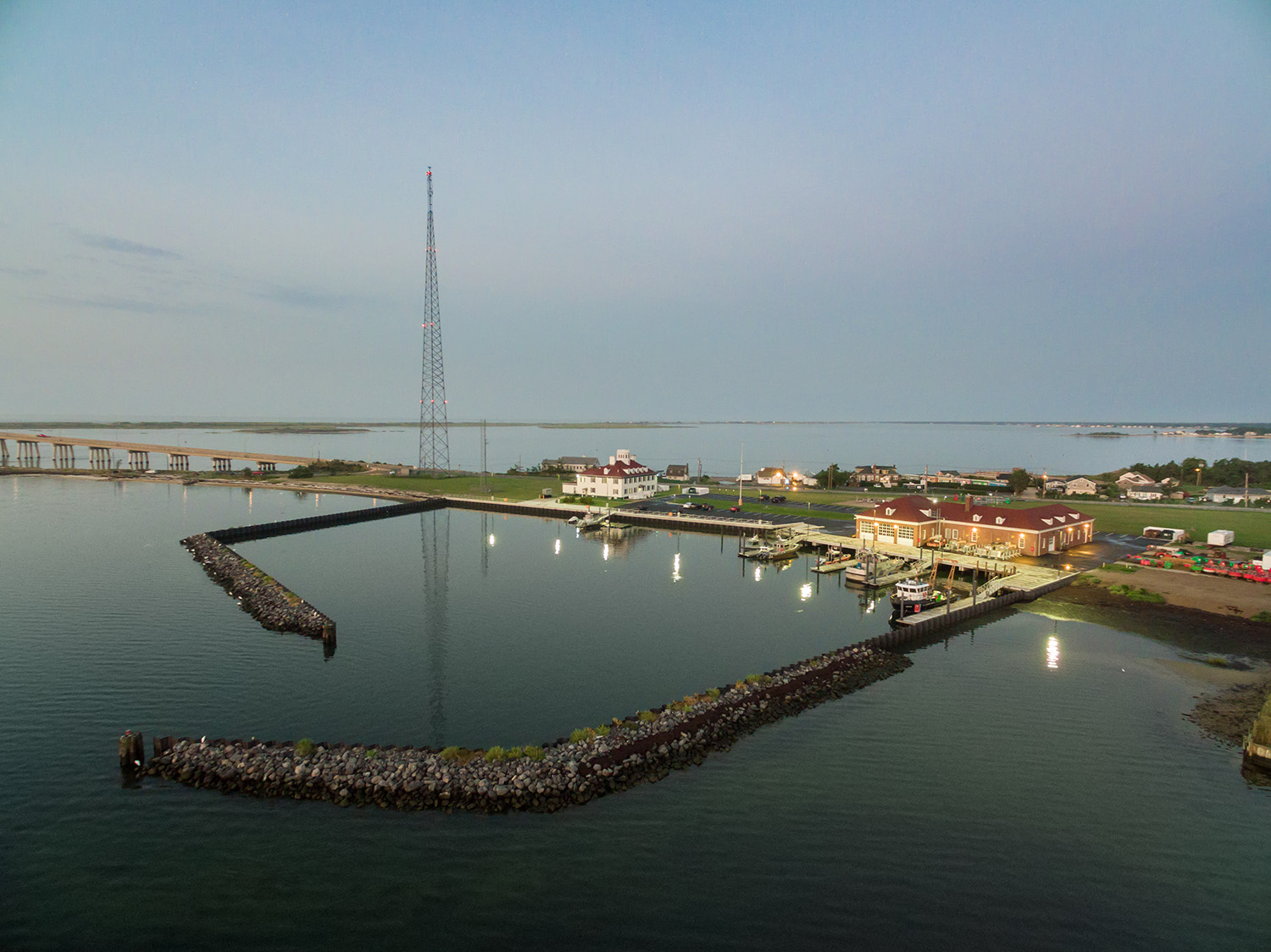 Aerial video frame subject — marine construction operations from above