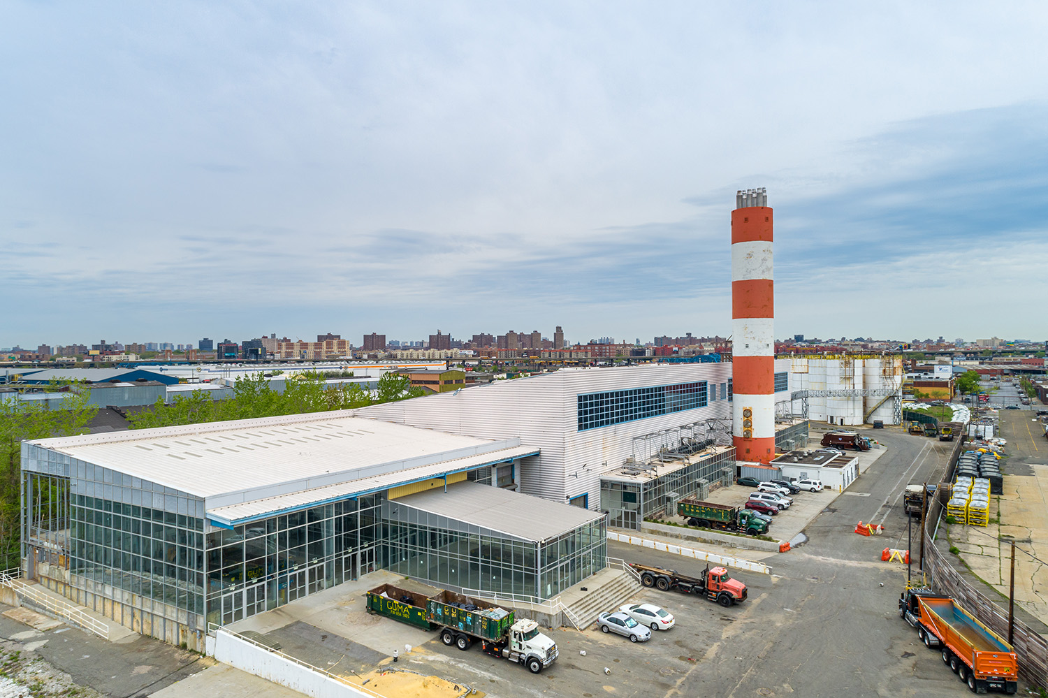 Drone aerial view of a waterfront commercial property in the Bronx, NY
