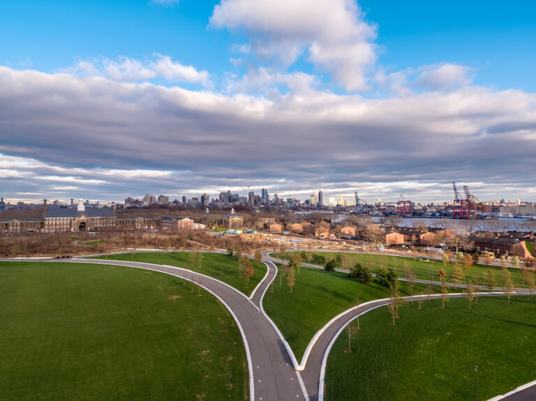 Construction progress at Governors Island, New York, seen by drone