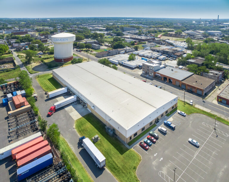 Drone view down the Nutsco warehouse roofline in Camden, NJ