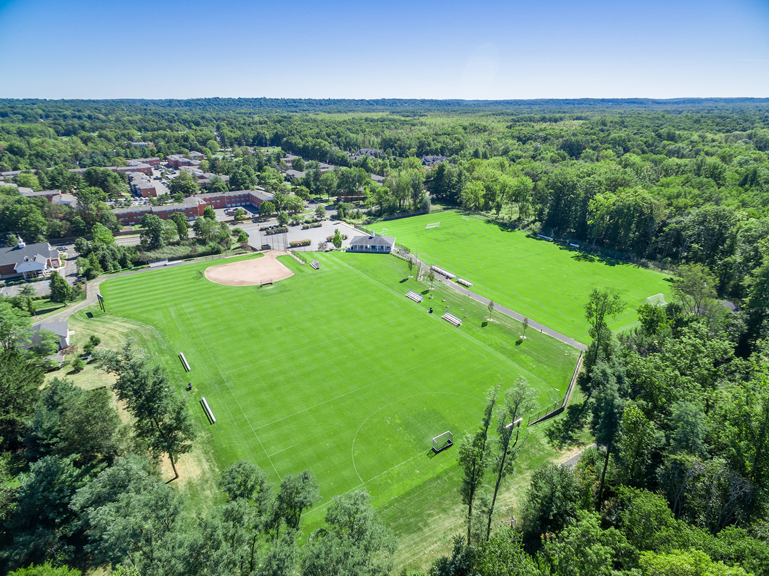 Overhead aerial of landscaped green space, Summit, NJ