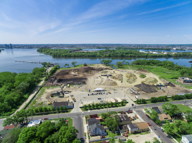 Drone view of waterfront recycling operations along the Camden, NJ shoreline