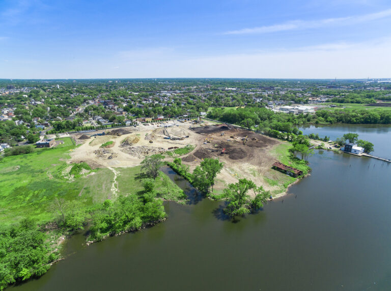 Camden, NJ riverfront recycling site photographed by drone from the water side