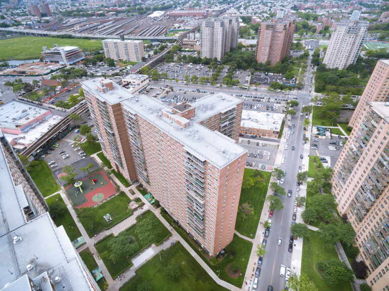 Aerial drone view of the Trump Village apartment towers, Brooklyn, NY