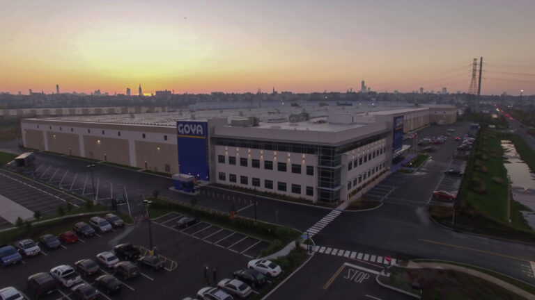 Overhead drone image of a New Jersey warehouse building