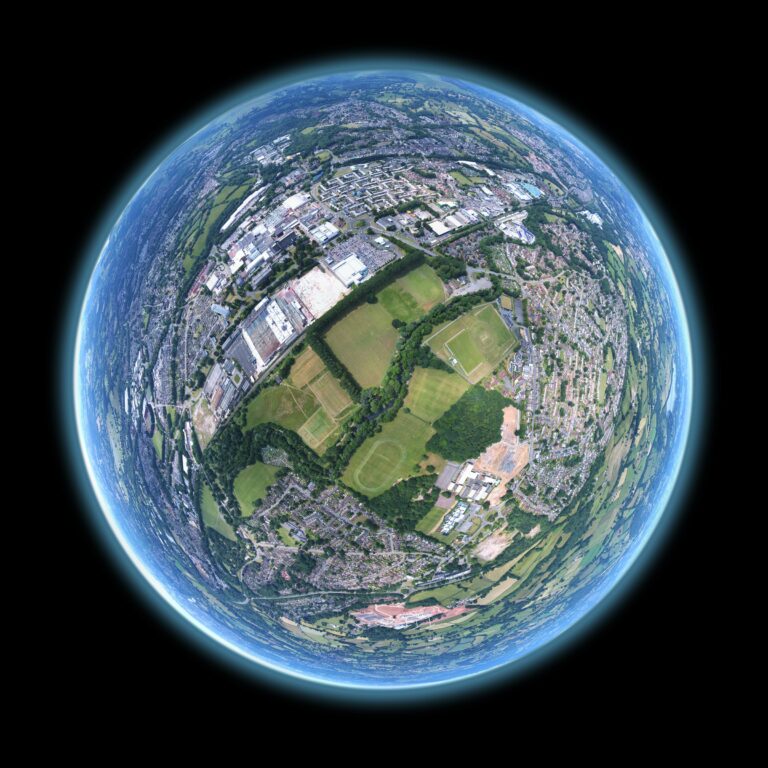 360-degree aerial panorama shown as a spherical view