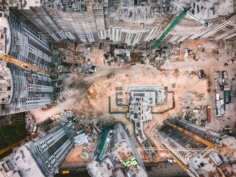 Top-down drone view of an active construction site