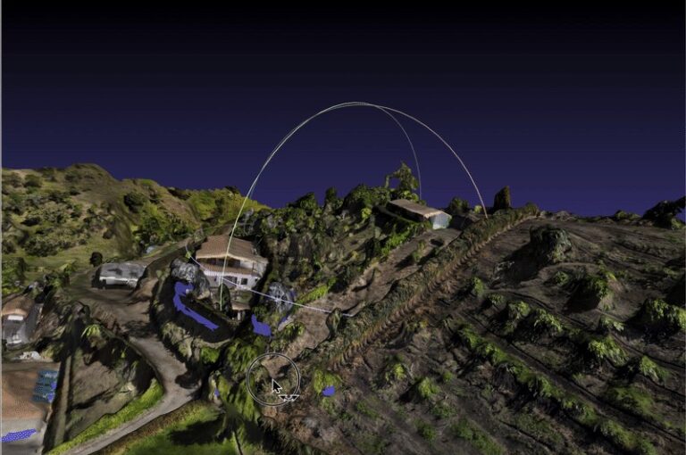 Textured 3D site model of a hillside property built from drone photogrammetry
