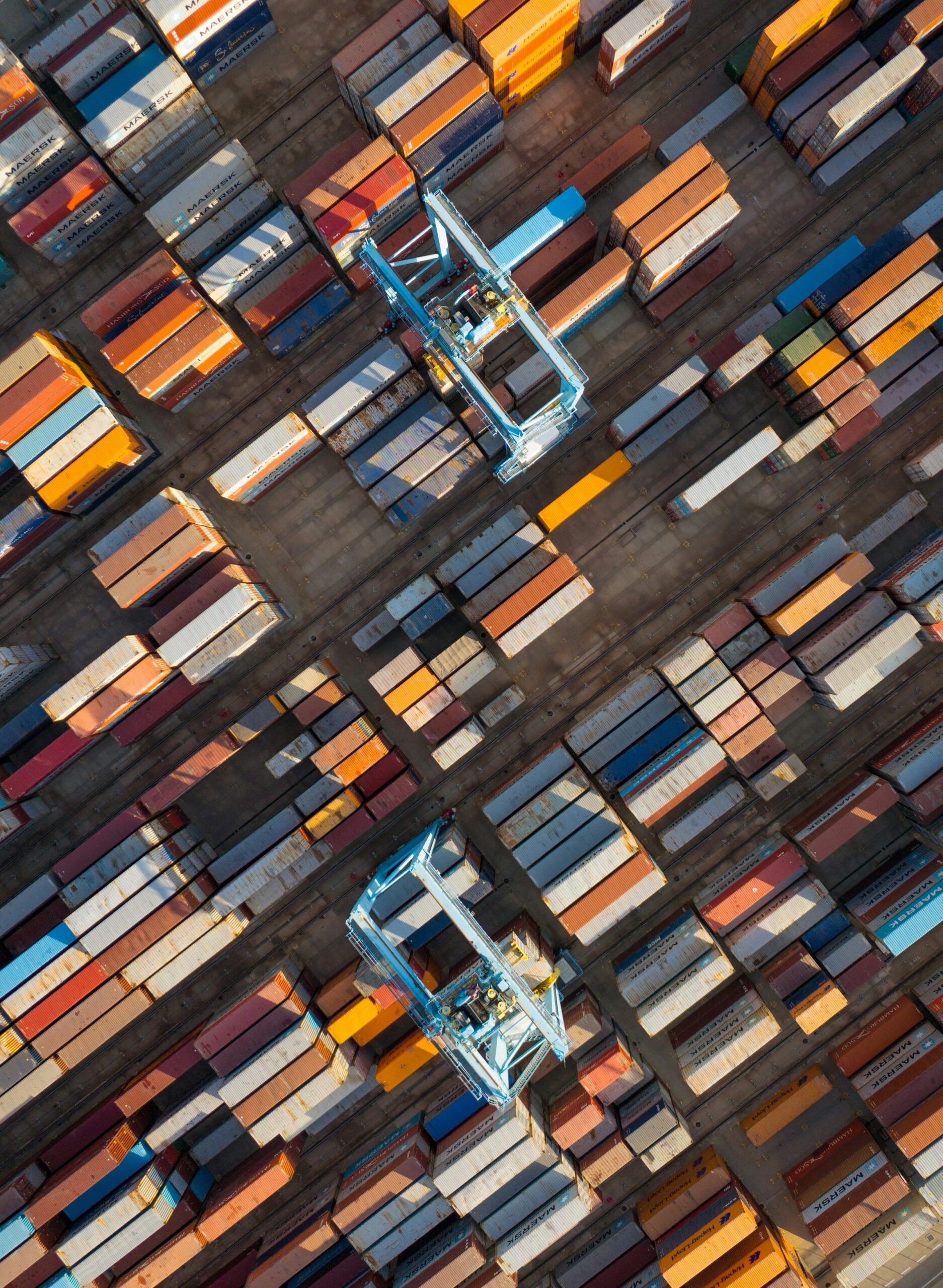 Orthographic aerial view of a shipping container yard