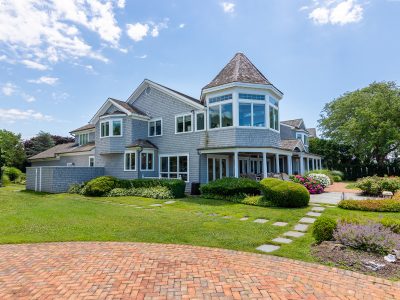 Aerial drone photo of a waterfront estate, Northport, NY