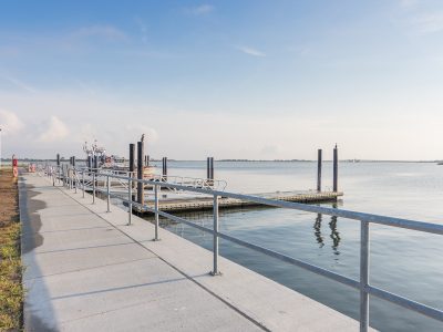 New pier decking at a marine construction site, aerial view