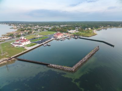 Drone view of a marina breakwater and harbor construction