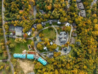 Drone view of a commercial development site along the Hudson River, Hastings-on-Hudson, NY