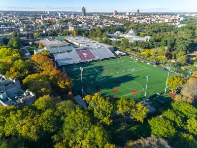 Aerial view over the Fordham University campus, Bronx, NY