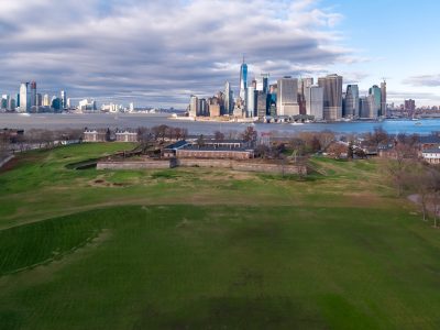 Aerial over the Governors Island redevelopment, New York Harbor