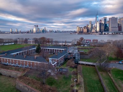 Aerial over the Governors Island development site in New York Harbor