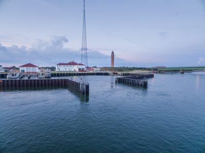 Aerial view of shoreline stabilization and marine construction progress