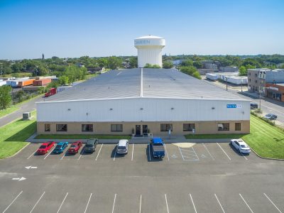 Drone view of the Nutsco warehouse roof and water tower in Camden, NJ