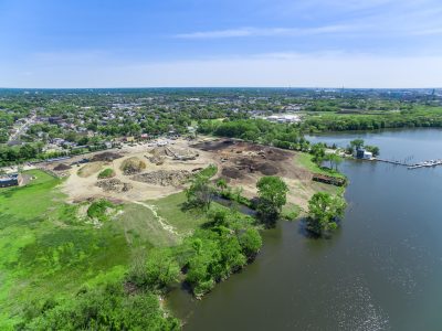 High-angle drone view of the Camden, NJ riverfront recycling yard